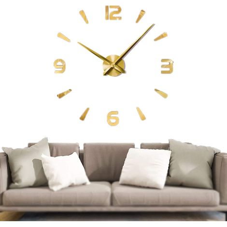 Horloge murale moderne et silencieuse à faire soi-même, grand format, autocollant 3D, décoration pour la maison ou le bureau, cadeau (Or) (Or)