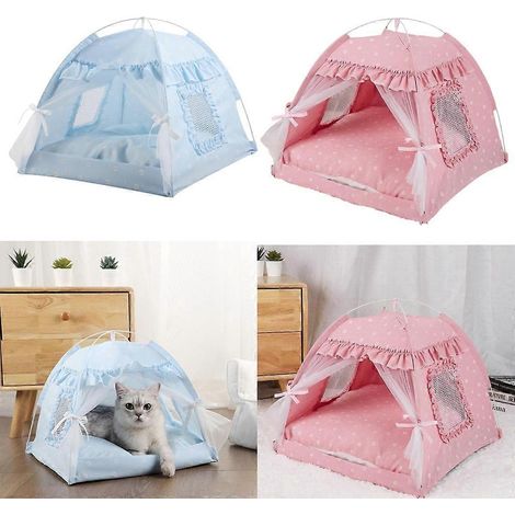 Niche-chat/tente/lit d'été pour animaux de compagnie, coussin amovible double face - Bleu (1/4)