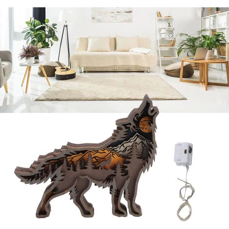Statue de Loup Bois Sculpture Multilayer Intérieur Lumineuse Decoration Intérieure Guirlande LED Sculpture Bois Animal Home Déco (1/5)