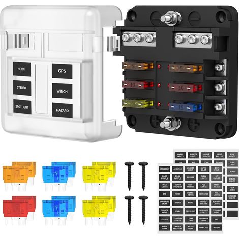 12 Way Fuse Box, 12V Blade Door with LED Indicator and Waterproof Cover, DC 12V/24V Fuse Holder for Car, Camper, Truck and Yacht (6 Way) (1/5)