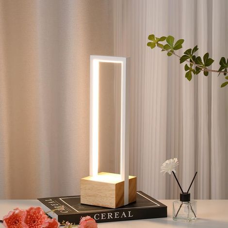 Lampe de table LED dimmable, lampe de chevet moderne carrée, 3 températures de couleur, base en bois complète, table de chevet à interrupteur tactile pour chambre à coucher (Blanc)