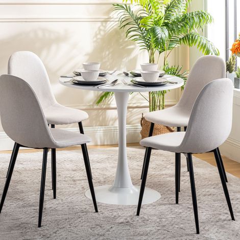 Table repas ronde 80x73 cm en décor bois et métal blanc mat (1/5)