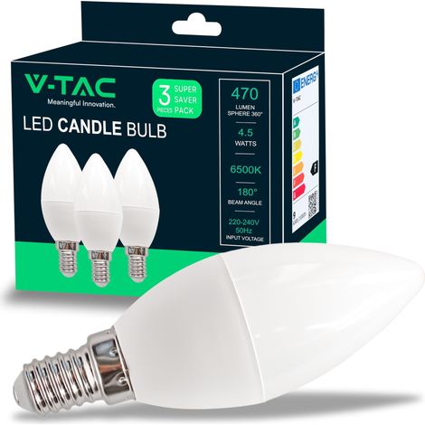 3x Ampoule LED Bougie E14, 4,5W (équivalent à 40W) - 470 Lumen - 6500K Blanc Froid - Ouverture du faisceau lumineux 180° - Ampoule Led Efficacité Maximale et Économie d'Énergie - (Lot de 3) (1/5)