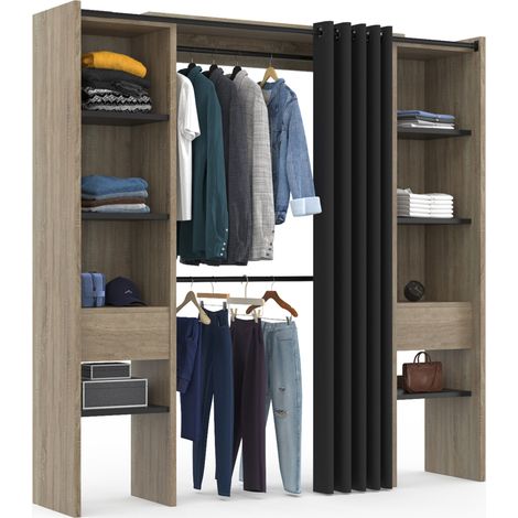 Idmarket – Dressing modulable extensible 120/180 cm – Largeur 50 cm – Hauteur 180 cm – Panneau de particules bois + tubes métal – Rideau noir (1/5)