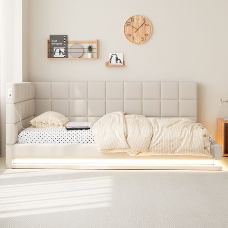 Lit banquette rembourré 90x200 cm moderne en lin beige avec sommier à lattes, LED RGB et prise USB (1/5)