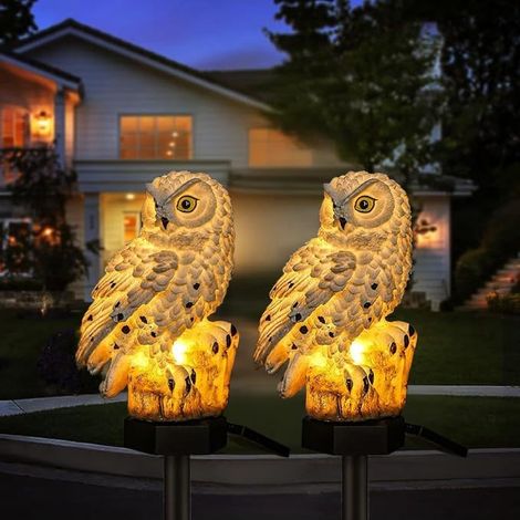Lot de 2 lampes solaires de jardin en forme de chouette - Résistantes aux intempéries - LED automatique - Éclairage à économie d'énergie - Pour terrasse, jardin, chemins - Blanc (1/5)