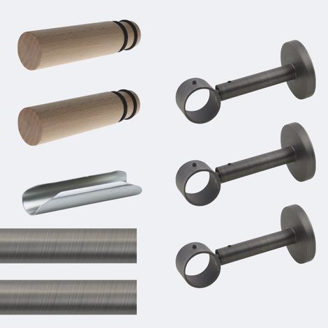 Kit de tringle à rideaux Carbone 300cm Diam.28mm Embout Cylindre Bois - Fixation Mur - Boulet (1/3)