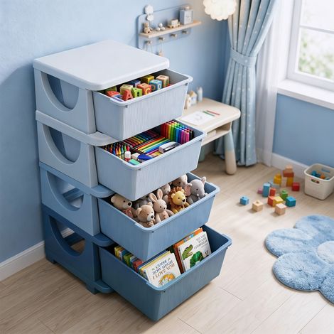 Tour de rangement pour enfants avec 4 tiroirs, pour enfants de 3 ans et plus, bords arrondis et poignées, 37 x 37 x 76 cm, bleue (1/5)