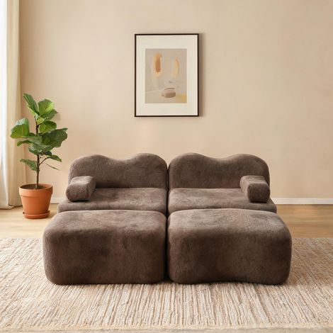 Canapé modulable en velours marron avec deux poufs (1/5)