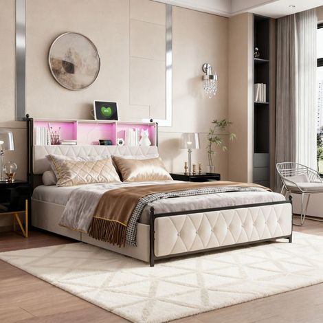 Estructura de cama 140x200 cm de terciopelo beige con LED, 4 cajones, 2 puertos USB/Type-C, somier de lamas