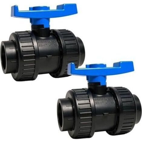 Pair Vanne à bille en PVC Ø 40 mm - Lot de 2 - Double union, soudable par solvant - Pression nominale PN16 bar - Résistante aux produits chimiques (60 °C) - Convient pour piscines, jardins, irrigation (1/4)