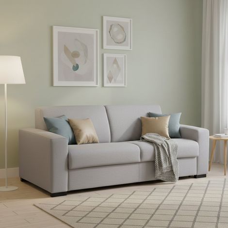 Dmora - Sofa cama Dababo, Sofá de 2 plazas, 100% Made in Italy, Sofá de salón con apertura giratoria, en tela acolchada, con reposabrazos delgados, Cm 160x95h90, Gris (1/5)
