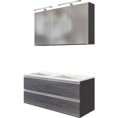 Doppelwaschtisch-Set 120cm in Eiche rauchsilber APIA-03 mit LED-Spiegelschrank, B/H/T ca. 120/200/48 cm (1/5)