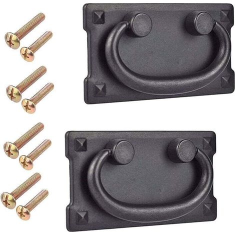 2-Piece Handle Set - Black Rectangular Door Handle, Vintage Ring Drawer Handle for Classic Furniture with Screws