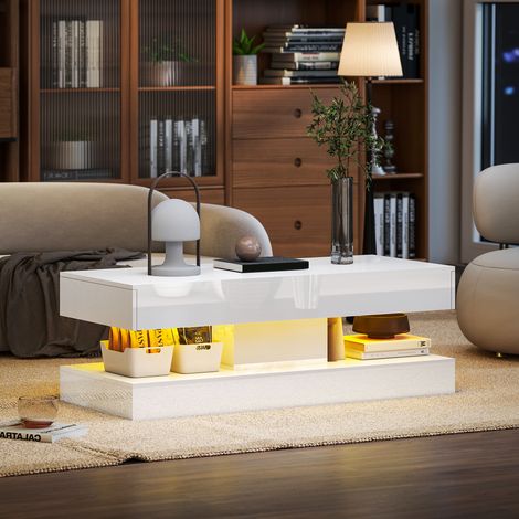 Mesa de salón con cajones y luces LED, mesa auxiliar moderna con estante abierto, mesa de centro, aglomerado, blanco