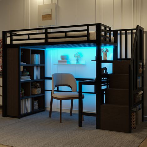 Lit mezzanine 90/200 cm noir en métal avec bureau, rangements et éclairage à diodes (1/5)