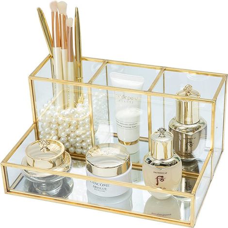 Organisateur de cosmétiques - Organisateur de maquillage - Plateau de rangement beauté - Porte-pinceaux de maquillage doré - Boîte à cosmétiques en verre - Rangement maquillage - Pot à pinceaux de maq (1/5)