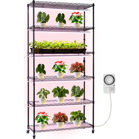 Support Plantes Intérieur avec Lampe de Croissance, Étagère Plantes à 6 Niveaux en Métal, Hauteur 180 cm, 150 W, avec Roulettes, Lampe 3800K, Minuterie, Meuble Présentoir pour Pots de Fleurs (1/5)