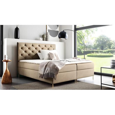 Sofello Bett -- SARAH -- Boxspringbett KARAMELL 120x200 Bett mit Bettkasten und eingebauter Matratze + Topper Beige Velour Samtstoff Velvett goldene Beine (1/5)