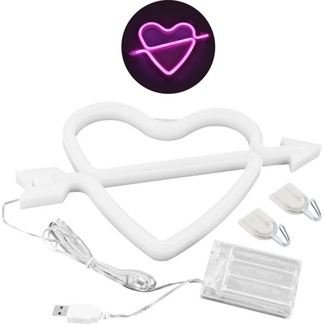 Lampe Néon LED En Forme De Cœur - Alimentation USB Ou Pile - Décoration Murale Et De Table - Rose - 1 Pièce (1/5)