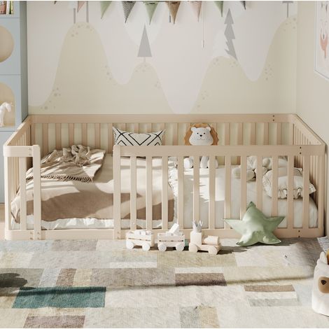 Kinderbett aus massivem Kiefernholz Creme 90x200 cm mit halbgeschlossenem Zaun und Lattenrost