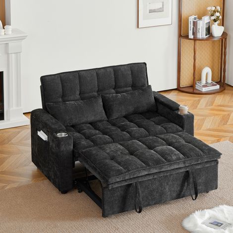 Canapé-lit convertible 3-en-1 142 cm inclinable avec rangements, porte-gobelets et coussins lombaires, chenille noir (1/5)