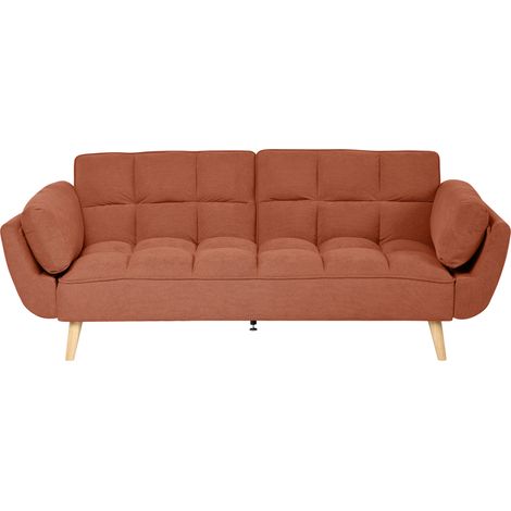 Sofá cama 3 plazas de tela con patas de madera respaldo con capitoné tejido repelente al agua naranja Asby (1/5)