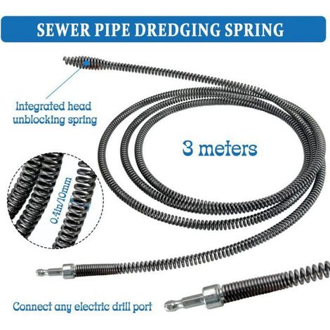 1 Déboucheur de canalisations, spirale métallique 10mm, longueur 3m, adaptateur électrique, pour cuisine et salle de bain (1/4)