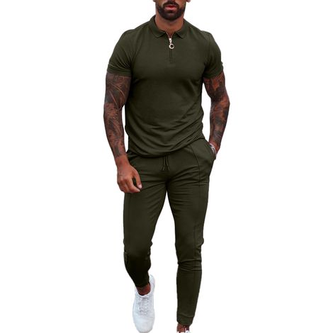 Survêtement Homme - Col Rabattu - Manches Courtes - Pantalon Joggers - Coupe Slim - Vert - 1 Pièce (1/5)