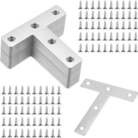 Equerre de Fixation 80x80mm Plats Support en forme de T Metalliques Equerres avec Vis Renforts d'Angle pour la Fixation et la Réparation de Meubles 20 Pièces, Argent (1/5)