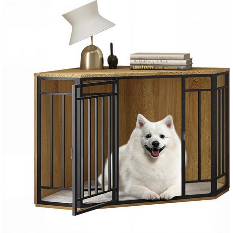 Cage d'angle pour chien style meuble 111x60x67 cm, chêne clair et noir (1/5)