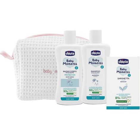 Chicco Baby Moments Beauty Bag Con Zip Rosa - Bagnoschiuma 200ml + Shampoo 200ml + Saponetta 100g
