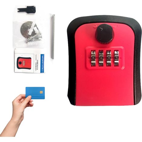 Coffre Fort à Clés Extérieur Sécurisé - Boîte à Code 4 Chiffres pour Ranger Clés, Cartes, Espèces - Rouge