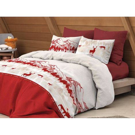 Copripiumino Cervo Alpi Rosso - Set Invernale 100% Cotone - Stile Montagna, Morbido e Traspirante MATRIMONIALE 2 PIAZZE