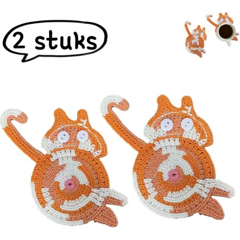 Dessous de verre tricoté en 2 pièces - Joli dessous de verre crocheté avec vache et chat - Décoration pour la maison et le bureau - Joli dessous de verre isolant thermique avec un arrière-train de cha (1/5)