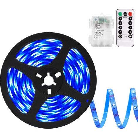 Bande lumineuse LED bleue, alimentée par piles, avec télécommande, 8 modes, auto-adhésive, 4 mètres de long, décorative. (1/5)