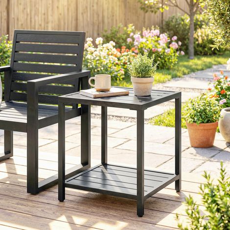 Zweistöckiger Gartentisch aus Metall, quadratisch, mit Ablagefläche, 45 x 45 x 54 cm, schwarz