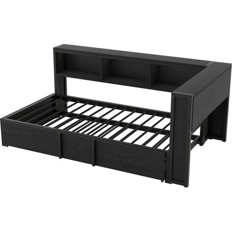 Letto in metallo 90 x 200 cm con letto estraibile, contenitori, LED e porte USB, nero (1/5)