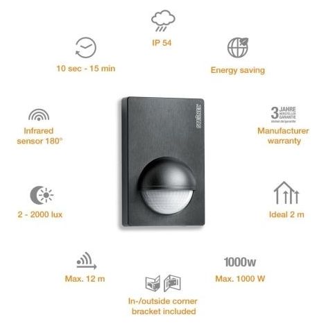 Steinel 034580 parete Rilevatore di movimento ad infrarossi passivo PIR 180 ° Relè Antracite IP54