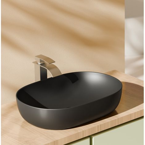 EMKE Vasque à poser, 600 x 415 x 135 mm, Lavabo salle de bain rectangle arrondi en céramique, Conception à coins arrondis, Noir mat (1/5)