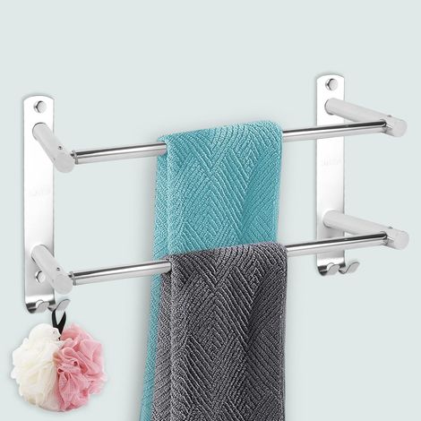 Porte-serviettes mural 38-70 cm, porte-serviettes double auto-adhésif, porte-serviettes de bain auto-adhésif avec 2 crochets (1/5)