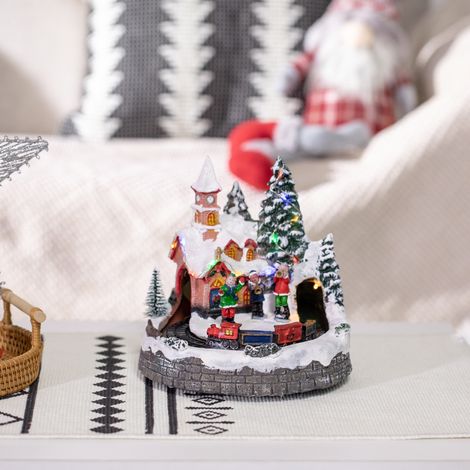 Pueblo Navideño Escena Navideña con Luces LED y Tren Móvil Decoración Navideña Sobremesa 20x19,5x20 cm Multicolor (1/5)