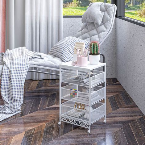Carrello portaoggetti a 3 ripiani con 3 cestini per soggiorno e sala da pranzo, 34x29,5x57,5 cm, bianco.