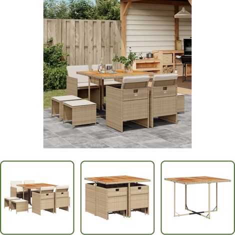 Gartentisch - 9-tlg. Garten-Essgruppe mit Kissen Beige Poly Rattan (1/5)