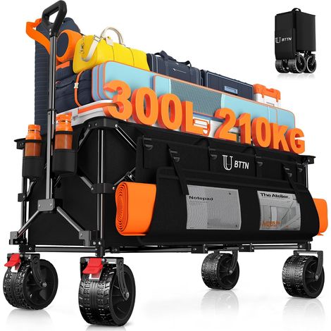 XXXL Chariot Pliable 300 L / 210 kg de capacité – avec freins, pneus larges 18×10 cm – Chariot pliable pour jardin, plage, camping et courses – Noir (1/5)