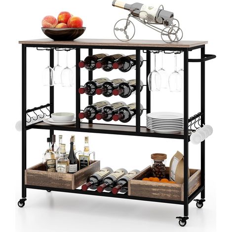 COSTWAY Chariot de Bar 3 Niveaux, Desserte à roulettes, Chariot à Boissons Industriel avec Porte-Bouteilles et Porte-Verres, Crochets & Boîtes de Rangement, 108 x 91 x 40 cm (Vintage Brun) (1/5)