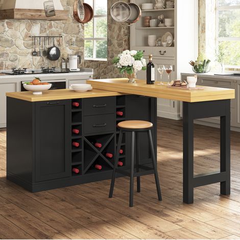 Isola cucina girevole 360° con contenitore 120-223 cm, portabottiglie removibile, MDF metallo nero (1/5)