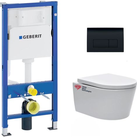 Pack WC Bati Geberit UP100 + WC sans bride Swiss Aqua Technologies + Abattant softclose + Plaque Noir brillant (1/5)