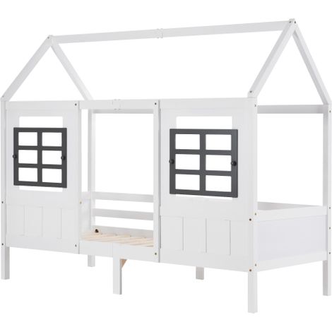 Lit maison enfant 90x200cm 2 fenêtres cadre pin MDF blanc