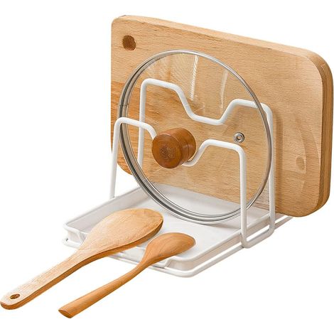 Ripiano portaoggetti a due ripiani per coperchi, multifunzionale e dotato di vaschetta raccogli grasso, ideale per spatole, cucchiai e taglieri.